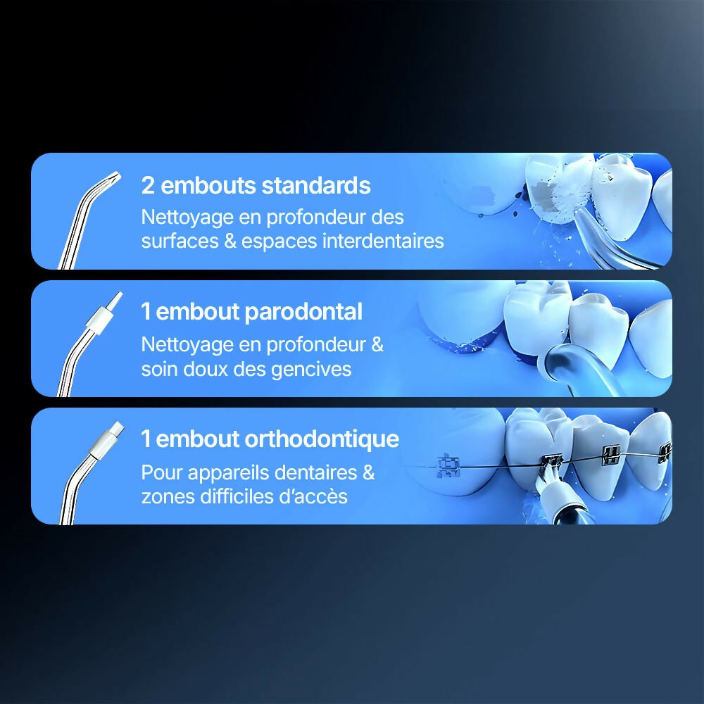 Hydropulseur sans fil pour un soin dentaire & buccal optimal / 5 modes & 4 embouts / Réservoir de 300 ml / Étanchéité IPX7 / Jet dentaire pour gencives