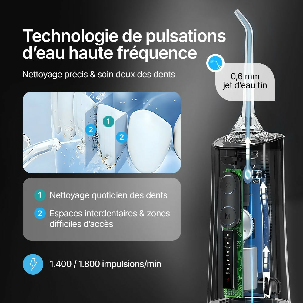 Hydropulseur sans fil pour un soin dentaire & buccal optimal / 5 modes & 4 embouts / Réservoir de 300 ml / Étanchéité IPX7 / Jet dentaire pour gencives