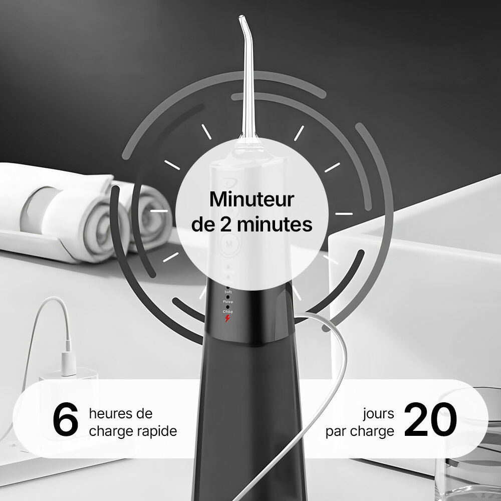 Hydropulseur sans fil pour un soin dentaire & buccal optimal / 5 modes & 4 embouts / Réservoir de 300 ml / Étanchéité IPX7 / Jet dentaire pour gencives