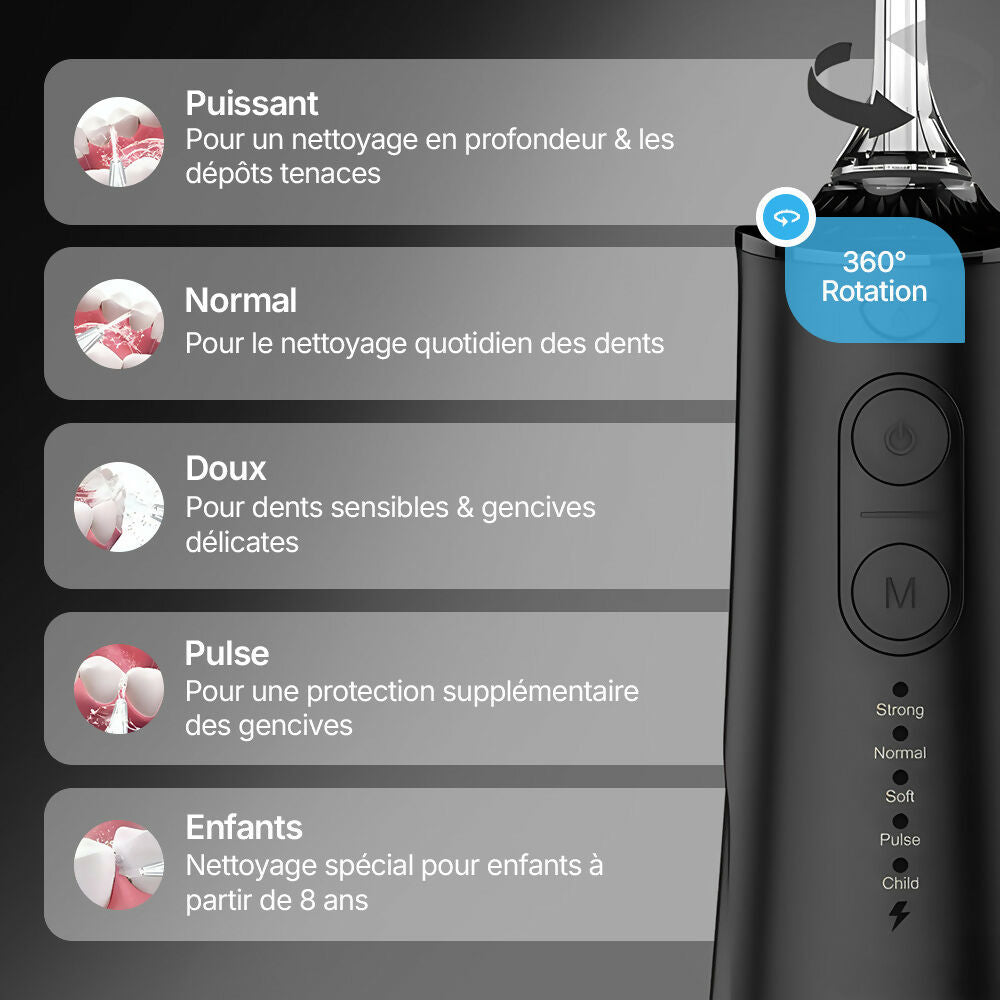 Hydropulseur sans fil pour un soin dentaire & buccal optimal / 5 modes & 4 embouts / Réservoir de 300 ml / Étanchéité IPX7 / Jet dentaire pour gencives