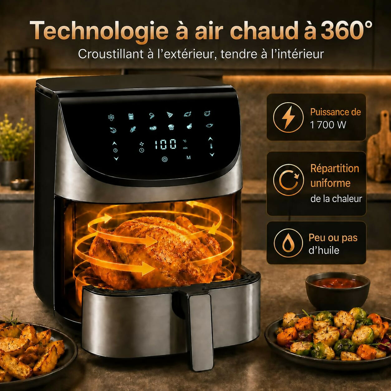 Oryzom AirCrisp Pro – Technologie à air chaud à 360° de 1 700 W pour des repas rapides et sains