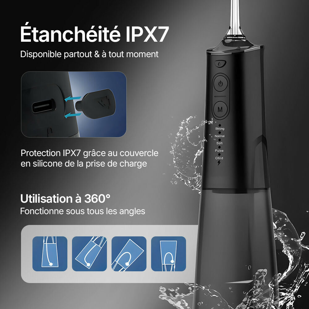 Hydropulseur sans fil pour un soin dentaire & buccal optimal / 5 modes & 4 embouts / Réservoir de 300 ml / Étanchéité IPX7 / Jet dentaire pour gencives