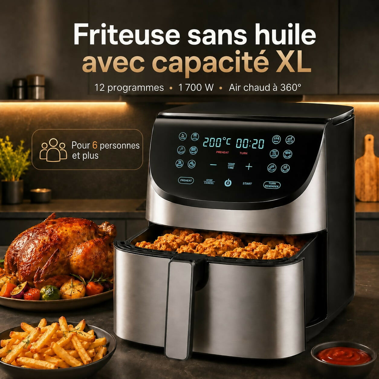 Oryzom AirCrisp Pro – Technologie à air chaud à 360° de 1 700 W pour des repas rapides et sains