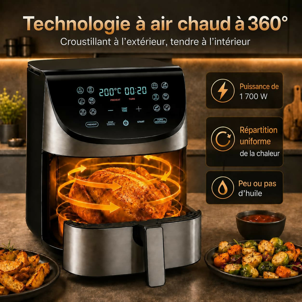 Oryzom AirCrisp Pro – Technologie à air chaud à 360° de 1 700 W pour des repas rapides et sains