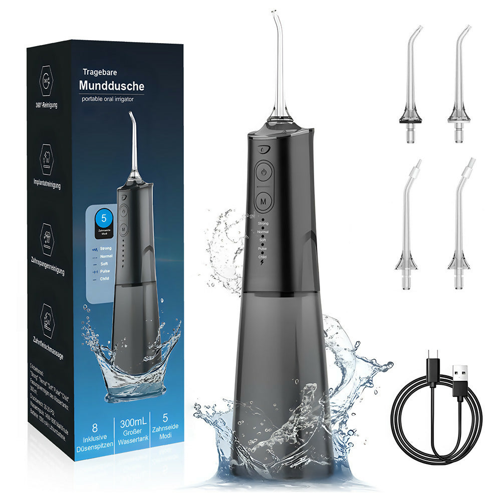 Hydropulseur sans fil pour un soin dentaire & buccal optimal / 5 modes & 4 embouts / Réservoir de 300 ml / Étanchéité IPX7 / Jet dentaire pour gencives